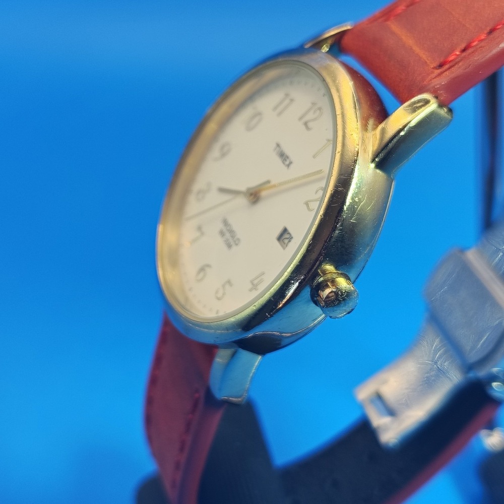 Vintage 2007 Timex Date 35mm Men's Quartz Watch Leather Strap Deployment Clasp - Picture 4 of 10